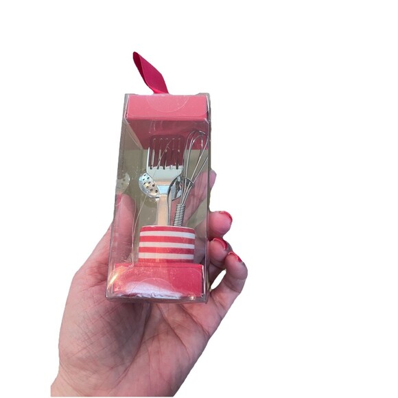 Brand New Crate & Barrel Mini Red Striped Ceramic Crock & Metal Utensils - Picture 6 of 7